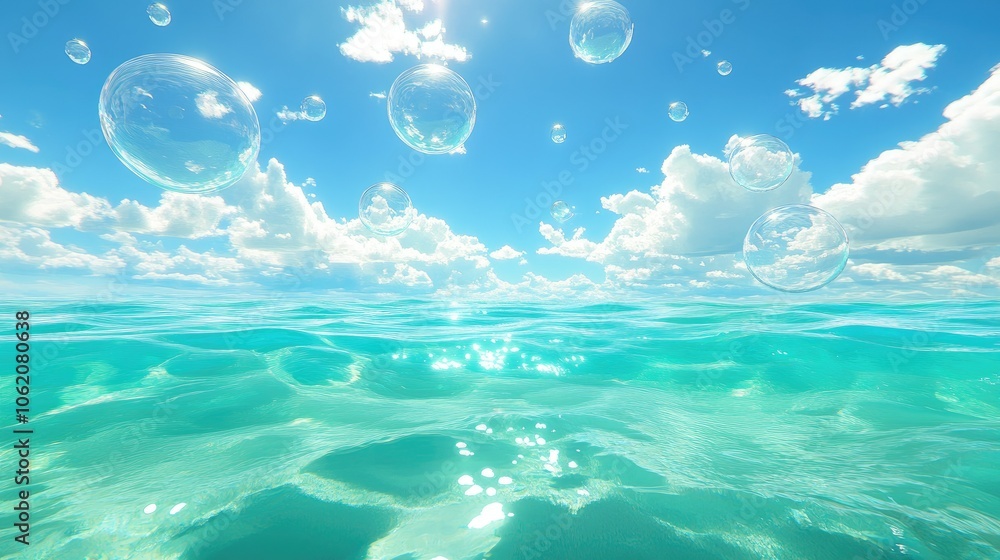 Poster An abstract image depicting bubbles floating gracefully in serene turquoise sea water, creating a tranquil and refreshing atmosphere.
