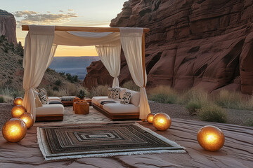 the exotic camp glamping with seats in the oasis the desert during sunset time