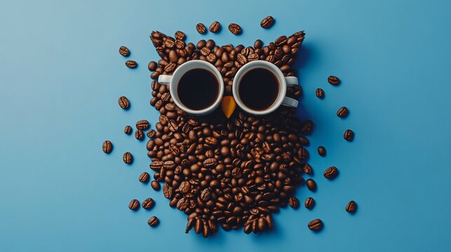 Coffee beans arranged in the shape of an owl with two coffee cups as eyes. - Powered by Adobe