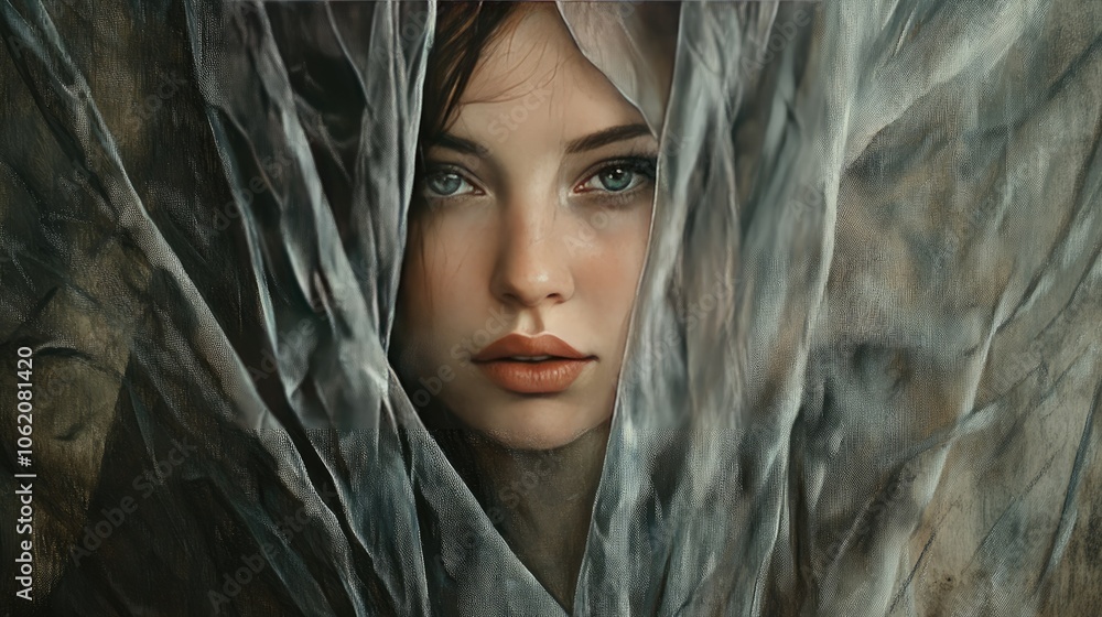 Poster An artistic representation of a woman's face behind a draped curtain, creating a mysterious and captivating atmosphere in the portrait.
