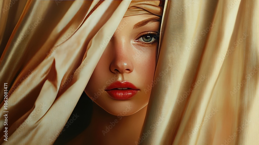 Poster An artistic representation of a woman's face behind a draped curtain, creating a mysterious and captivating atmosphere in the portrait.