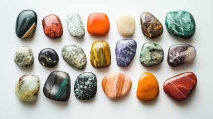 Bright, smooth stones arranged on a clean white background, with unique textures and colors