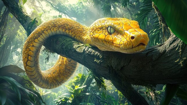 A Yellow Python Resting on a Branch in a Lush Jungle