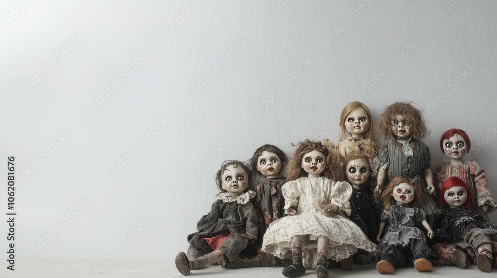Poster an eerie photograph featuring a collection of creepy dolls with different expressions, arranged on a