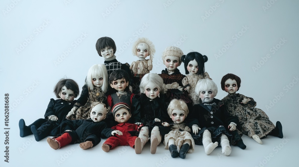 Poster an eerie photograph featuring a collection of creepy dolls with different expressions, arranged on a