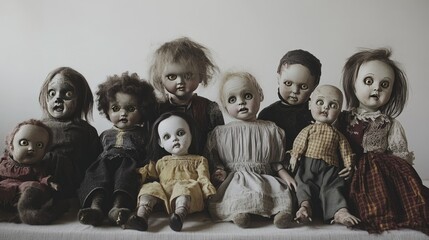 An eerie photograph featuring a collection of creepy dolls with different expressions, arranged on a white backdrop, perfect for exploring themes of fear and nostalgia.