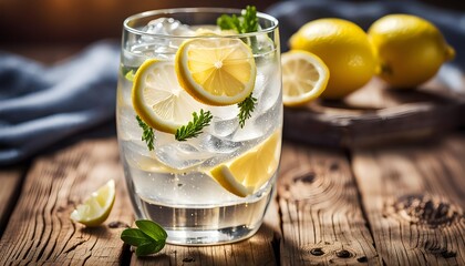 Fototapeta premium Glass of gin tonic with lemon on wooden background 