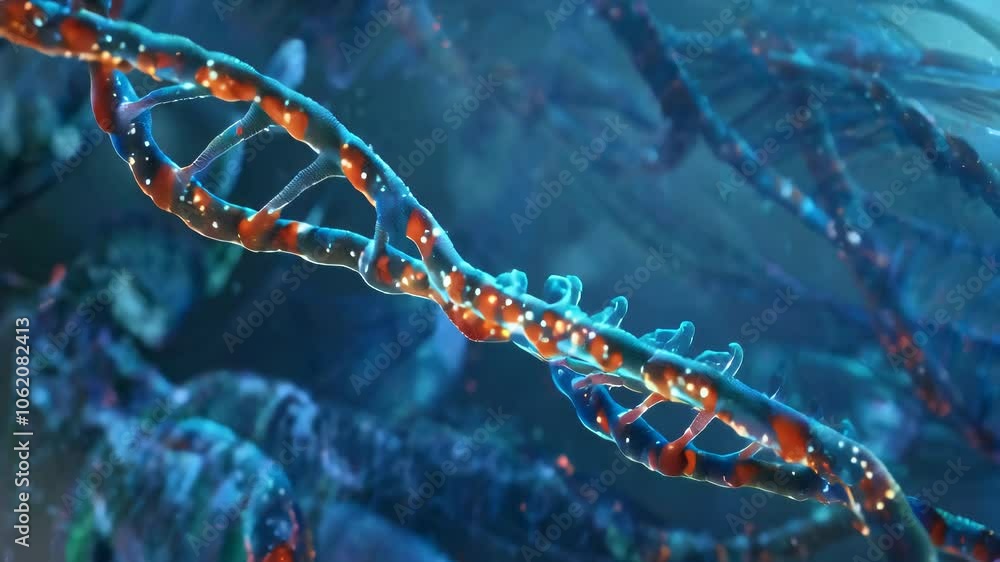 Poster a magnified view of delicate dna strands, showcasing their intricate helical structure and highlight