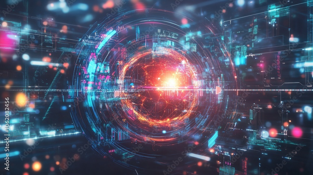 Poster An engaging digital environment filled with futuristic AI elements, data streams, and graphic designs, ideal for tech-related visuals.