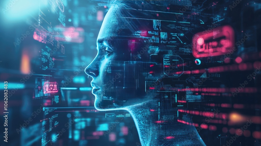 Poster An engaging digital environment filled with futuristic AI elements, data streams, and graphic designs, ideal for tech-related visuals.