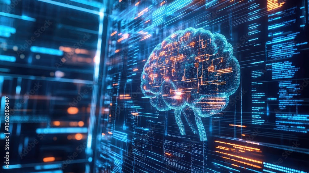 Poster An engaging digital environment filled with futuristic AI elements, data streams, and graphic designs, ideal for tech-related visuals.