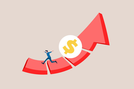 Businessman run away from falling down dollar. concept of world economic recession, Global financial crisis or international stock market crash, investment asset fall down