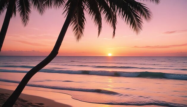 Pink Sunset on Tropical Beach: Silhouetted palm trees frame a breathtaking sunset over a tranquil ocean, painting the sky in vibrant hues of pink and orange. The gentle waves caress the sandy shore.