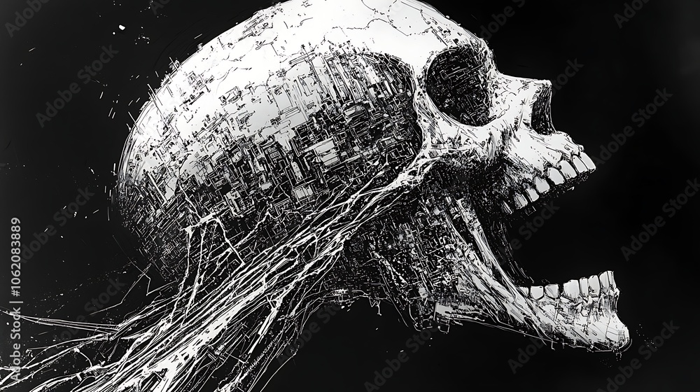 Aufkleber abstract skull with circuit patterns and screaming expression