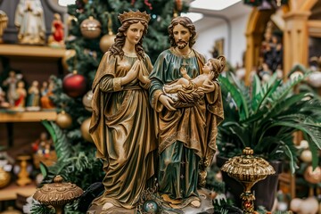 Fototapeta premium Detailed and Colorful Nativity Scene Depicting Mary, Joseph, and Baby Jesus in a Festive Setting