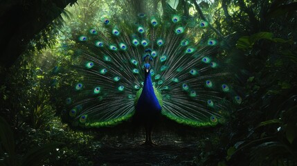 Obraz premium A Vibrant Peacock Displays Its Feathers in a Lush Green Forest