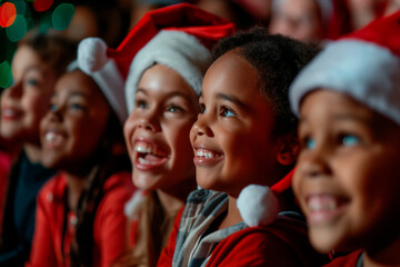 group of happy kids in santa hats watching christmas performance in a theater