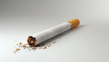 A broken cigarette lies on a smooth surface surrounded by tobacco shavings