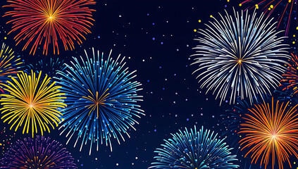 Naklejka premium a vibrant cityscape photograph featuring a nighttime skyline with a series of large, colorful fireworks exploding in the sky. The fireworks display a range of colors,