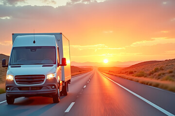 Obraz premium A van truck is driving along the highway front view at sunset dawn