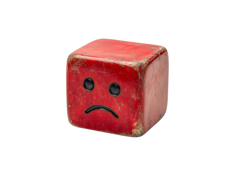 A vintage red cube with a sad face on display in an art gallery, evoking feelings of nostalgia and melancholy, transparent background, png