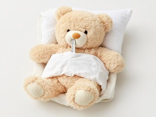 Fototapeta premium Teddy bear lying in a small bed with a tiny thermometer in its mouth, looking cozy yet unwell, sick teddy bear cute