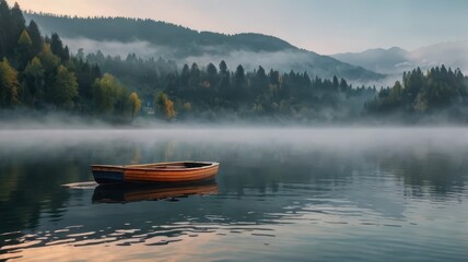 small boat floating on the misty foggy lake
