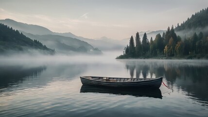 a boat floating alone on the misty foggy lake