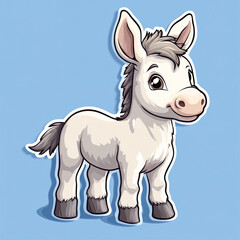 sticker, Adorable cartoon donkey with big eyes and a cheerful expression standing against a light blue background, cute animal illustration