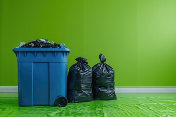 Background with copy space and a large blue recycling bin in a corporate office setting