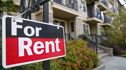 Obraz premium For rent sign displayed in front of an apartment building.