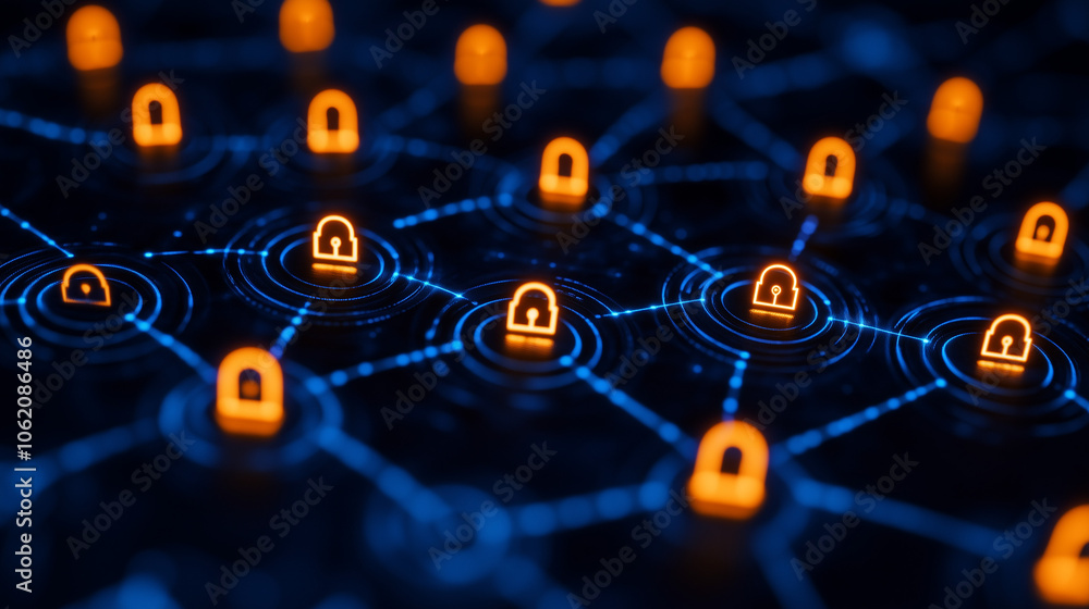 Aufkleber cybersecurity network: a mesmerizing visual of interconnected network security, represented by glowi