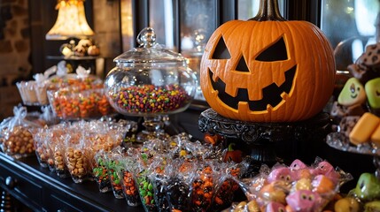 Obraz premium A Halloween candy exchange party, where guests bring and trade their favorite spooky treats.