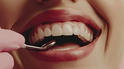 Fototapeta premium Close-up of a dentist examining healthy white teeth with dental tools.