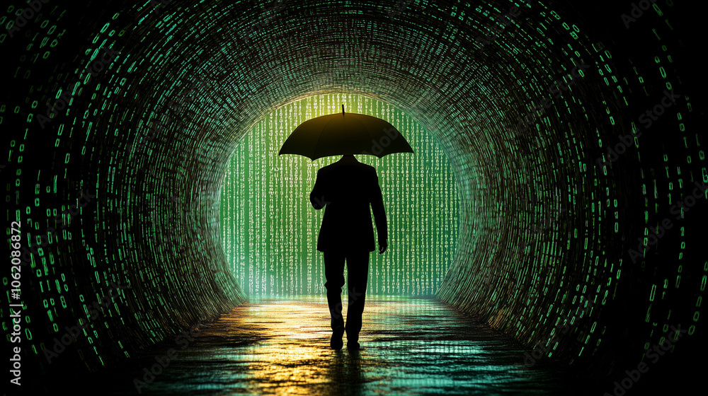 Poster the digital labyrinth: a lone figure walks through a tunnel of binary code, holding an umbrella agai