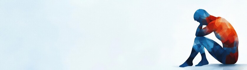 Visualization of a person sitting with their head in their hands, overwhelmed by tightness or anxiety, Overwhelmed with chest tightness, Emotional and relatable