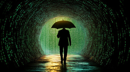 The Digital Labyrinth: A lone figure walks through a tunnel of binary code, holding an umbrella against the rain.