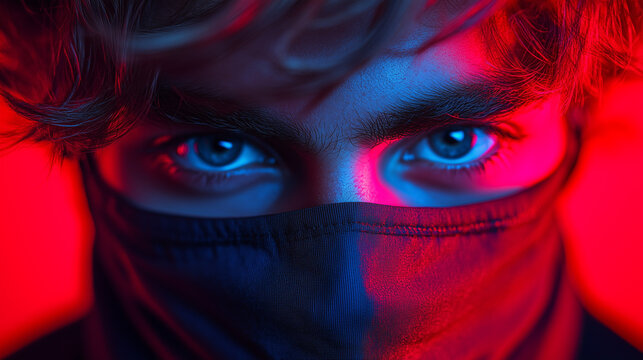 Intriguing Gaze: Close-up portrait of a young man's face, masked and illuminated by vibrant red and blue light, evoking a sense of mystery and intrigue. His piercing blue eyes hold a captivating gaze.