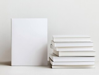 Hardcover book mockup in stack formation with one book standing, blank cover and spine visible, stacked hardcover book mockup