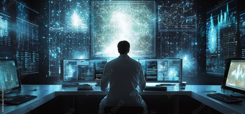 Poster A lone figure sits in front of multiple computer monitors displaying data and patterns.