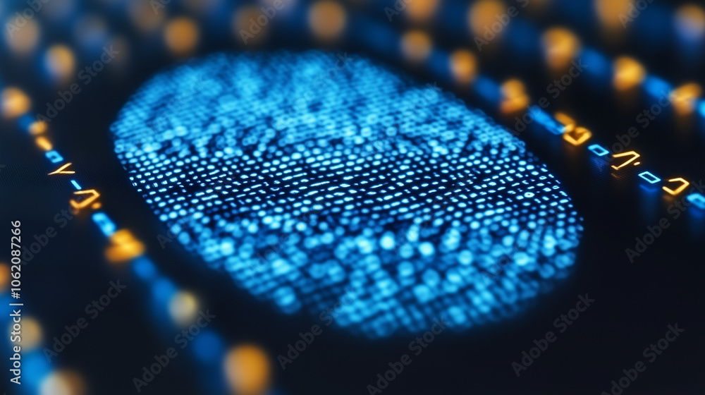 Poster digital fingerprint: abstract close-up of a glowing blue fingerprint composed of data points, symbol