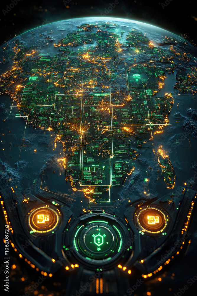 Poster this depiction presents a high-tech view of africa with glowing urban areas and interconnected grid 