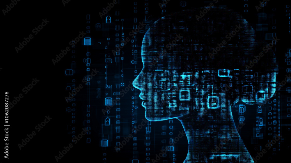 Poster digital consciousness: a ethereal female silhouette emerges from a swirling matrix of binary code, s