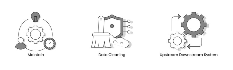 Data Management Essentials. Icons Included: Data Cleaning, Upstream Downstream System, Maintain