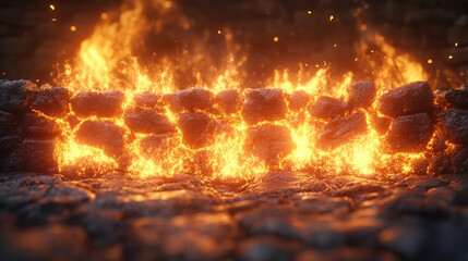 Fototapeta premium Molten lava flows between rock formations, illuminating the dark surroundings with an intense glow, depicting a fiery natural phenomenon