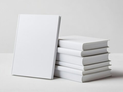 Hardcover book mockup in stack formation with one book standing, blank cover and spine visible, stacked hardcover book mockup