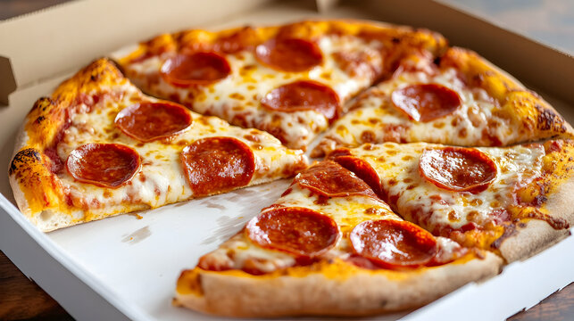 A box of freshly baked pepperoni pizza with perfectly melted cheese and a golden crust, served warm for pizza enthusiasts.