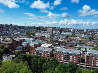 Obraz premium Aerial View of Buildings at Central Bristol City of Southwest of England, United Kingdom. The High Angle Footage Was Captured with Drone's Camera from High Altitude on May 27th, 2024.