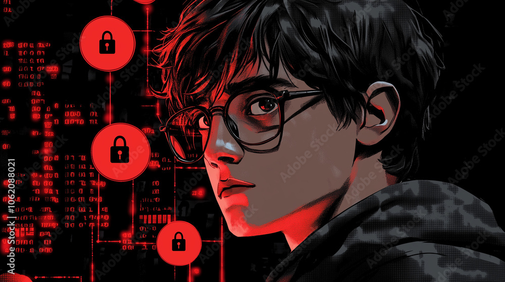 Aufkleber cybersecurity guardian: a young, determined hacker with glasses intensely stares into the digital re