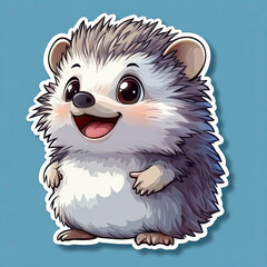 Obraz premium sticker, Cute hedgehog with a big smile standing happily against a light blue background, cheerful animal illustration 